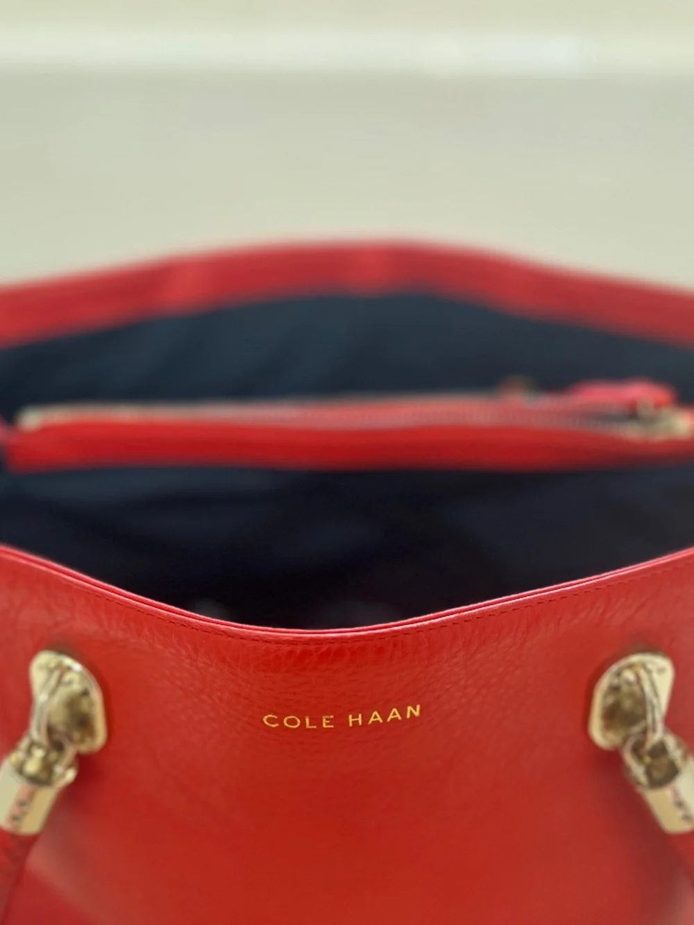 Cole Haan Red Pebbled Leather Tote Bag Gold Hardware Braided Handles - Picture 6 of 8